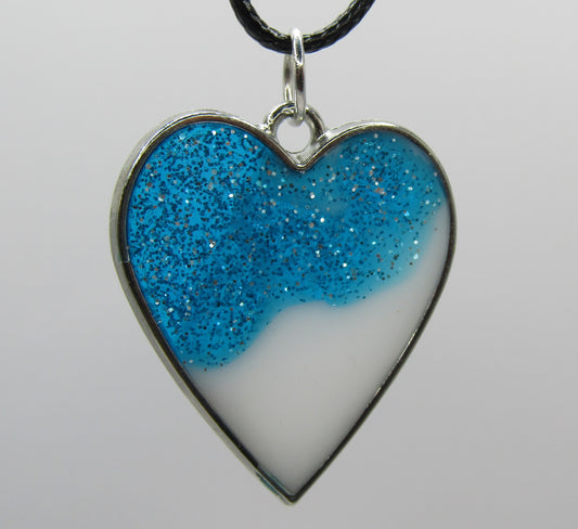 20" Black Cord Necklace with Charm   White & Blue Glitter Heart