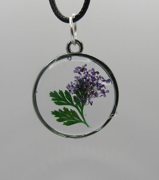 20" Black Cord Necklace with Charm  Purple Pressed Flowers